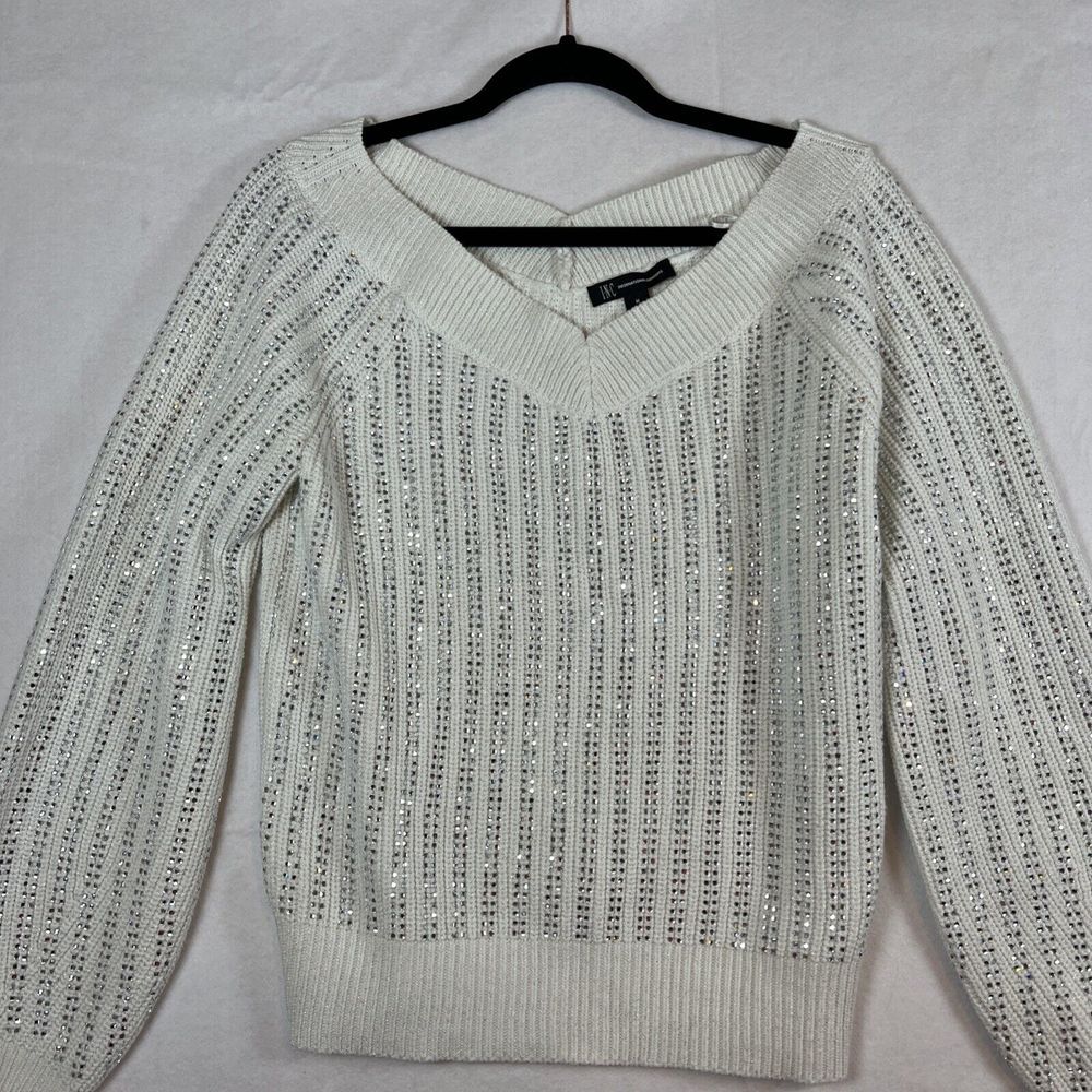 Inc International Concepts Women's Cream Sparkle  Knit V-Neck Sweater Medium